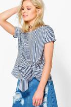 Boohoo Maisie Mixed Stripe Tie Front Shell Top Navy