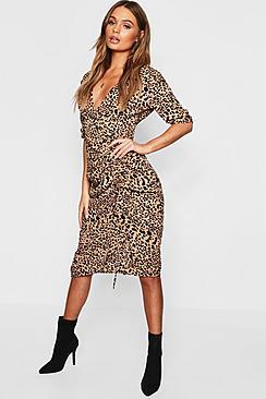 Boohoo Leopard Satin Ruched Midi Dress