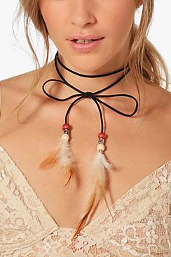 Boohoo Freya Festival Feather Tie Cord Choker
