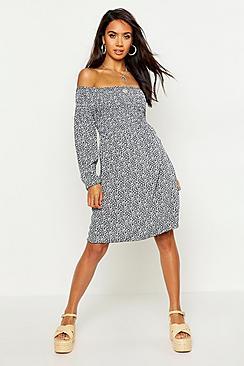 Boohoo Woven Ditsy Sheered Bardot Skater Dress