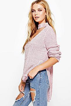 Boohoo Lena Choker V Neck Marl Oversized Jumper