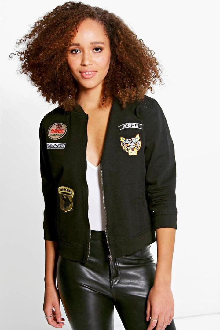 Boohoo Kaley Denim Ma1 Bomber Jacket With Badges Black