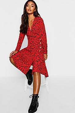 Boohoo Petite Red Dalmatian Print Button Midi Dress