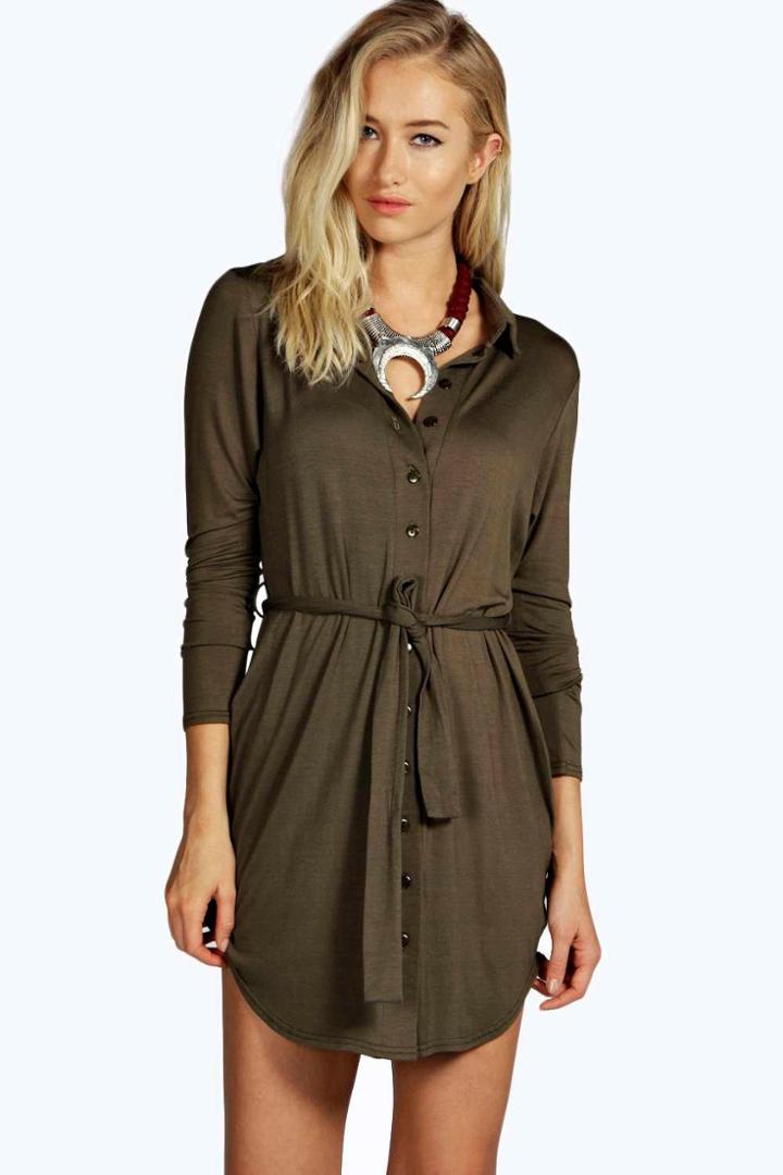 Boohoo Catalina Button Through Collar Shirt Dress Khaki