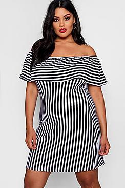 Boohoo Plus Amy Mono Stripe Off The Shoulder Shift Dress