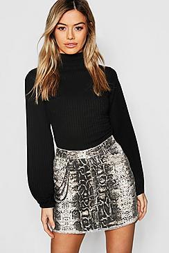 Boohoo Petite Turtle Neck Volume Sleeve Rib Top