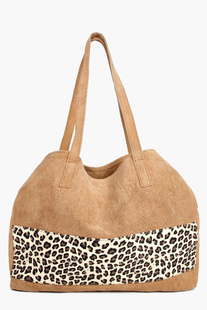 Boohoo Lola Boutique Suede Animal Panel Day Bag Tan