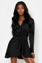 Boohoo Satin Ruched Detail Button Sleeve Shirt Dress