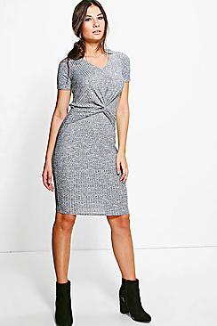 Boohoo Mireille Knot Front Knitted Midi Dress