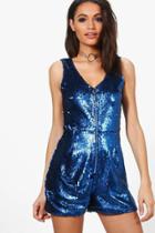 Boohoo Boutique Mia Hologram Sequin Zip Through Playsuit Blue