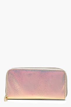 Boohoo Holographic Faux Snake Ziparound Purse