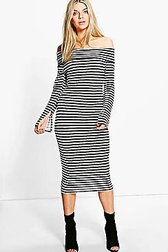 Boohoo Charmaine Off Shoulder Striped Midi Dress