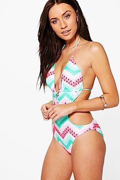 Boohoo Brisbane Watermelon Lace Up Cut Out Swimsuit