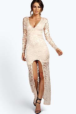 Boohoo Petite Isobel Plunge Neck Lace Maxi Dress