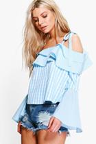 Boohoo Hallie Gingham Tie Bell Sleeve Off The Shoulder Top Bluebell
