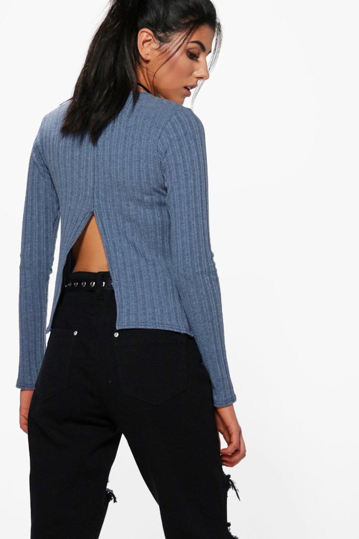 Boohoo April Rib Split Back Long Sleeve Crop Top Blue