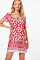 Boohoo Val Cut Out Neck Border Print Shift Dress Red