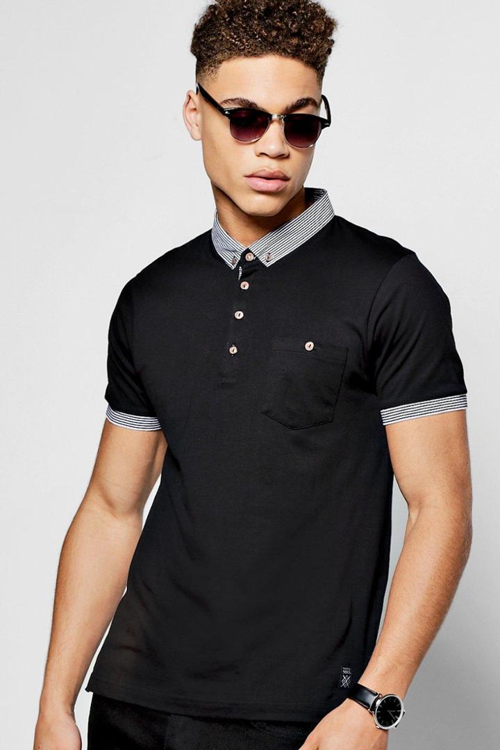Boohoo Black Short Sleeve Polo With Stripe Collar Black