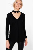 Boohoo Sabrina Long Sleeve Rib Choker Trim Top Black