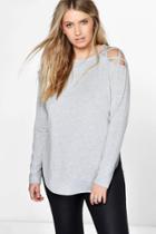 Boohoo Plus Kaylee Long Sleeve Lace Up Detail Tee Grey