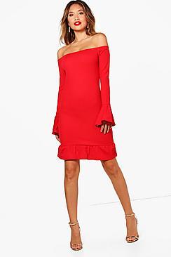 Boohoo Si Ruffle Hem & Sleeve Bardot Bodycon Dress