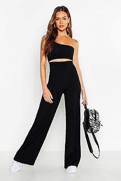 Boohoo One Shoulder Rib & Wide Leg Trouser Co-ord