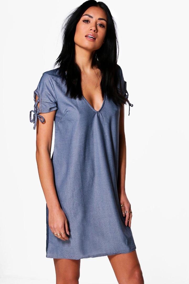Boohoo Lara Tie Sleeve Plunge Shift Dress Blue