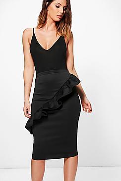 Boohoo Arriana Ruffle Front Scuba Midi Skirt