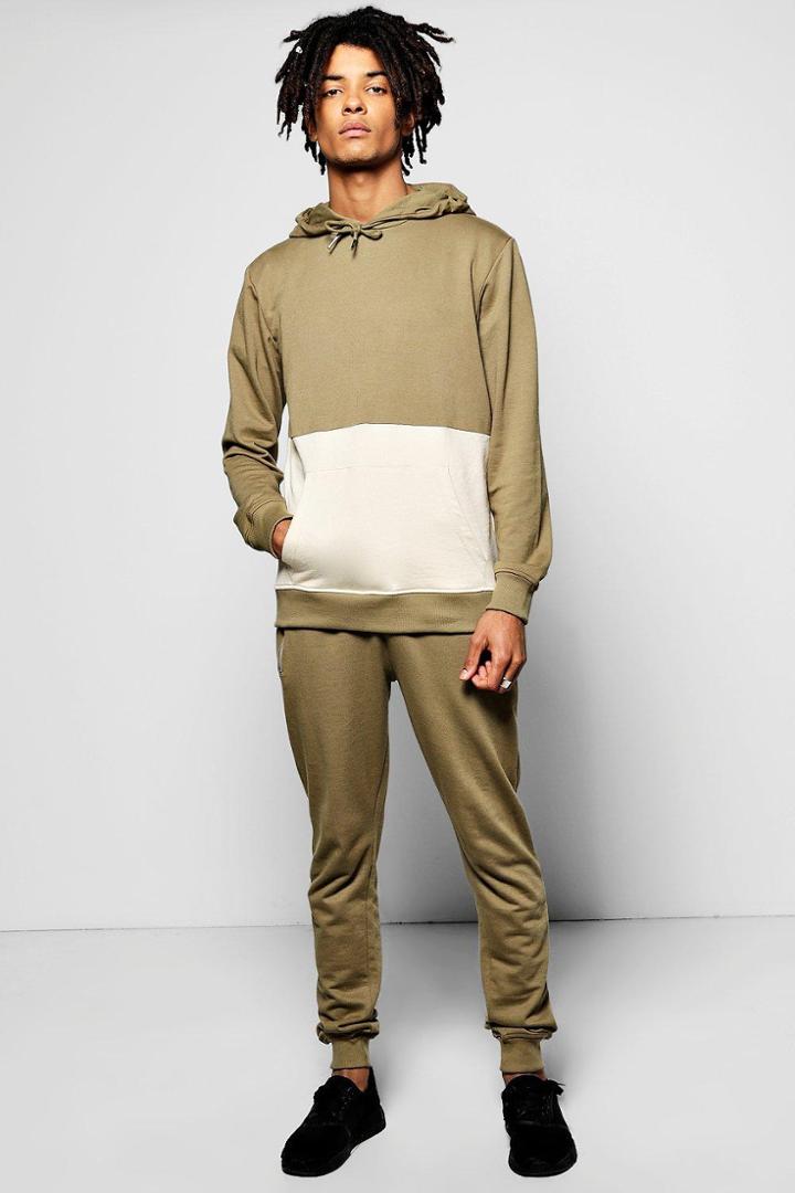 Boohoo Cut & Sew Hooded Tracksuit Khaki
