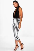 Boohoo Laila Monochrome Striped Longer Line Midi Skirt Black