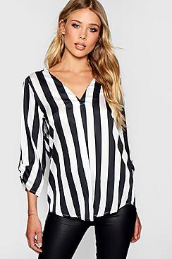 Boohoo Leigh Stripe V-neck Button Cuff Detail Blouse