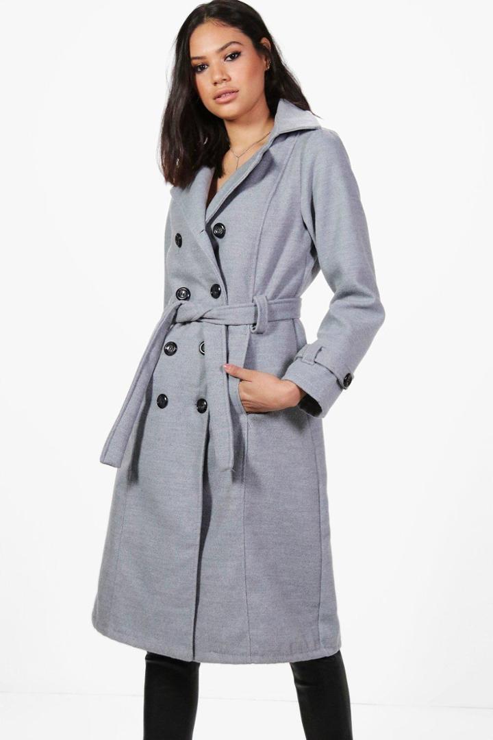 Boohoo Elizabeth Double Breasted Belted Wool Coat Grey