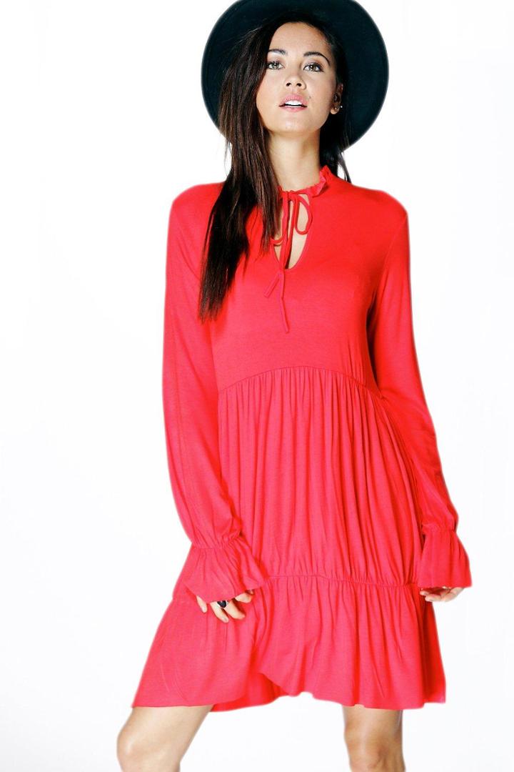 Boohoo Tanya Tie Neck Rouched Smock Dress Poppy