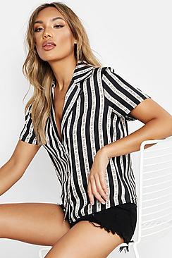 Boohoo Don't Look Back Stripe Revere Collar Bowling Shirt