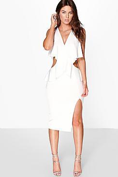 Boohoo Beatrice Frill Wrap Detail Cut Out Side Midi Dress