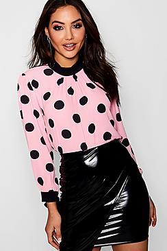 Boohoo Layla Contrast Polka Dot Tie Sleeve Blouse