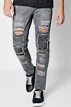 Boohoo Skinny Fit Jeans With Embroidered Rip And Repair