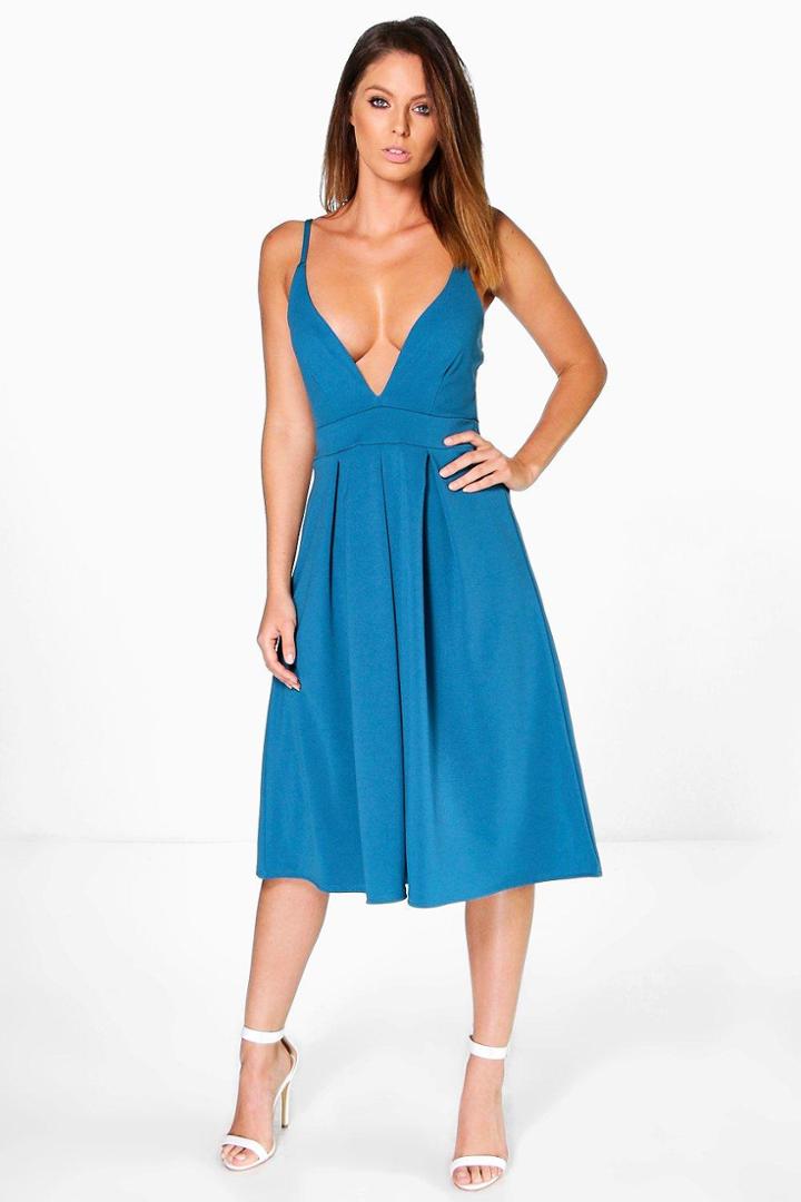 Boohoo Ash Plunge Neck Full Skirt Midi Skater Dress Teal