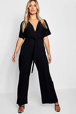 Boohoo Plus Crepe Plunge Kimono Sleeve Jumpsuit