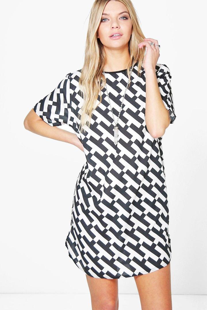 Boohoo Tabby Mono Print Shift Dress Black