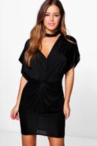 Boohoo Petite Liv Kimono Sleeve Knotted Bodycon Dress Black