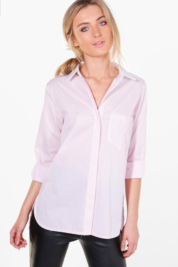 Boohoo Jessica Contrast Collar Stripe Shirt Pink