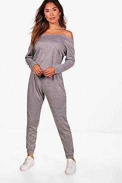 Boohoo Slash Neck Long Sleeve Lounge Jumpsuit