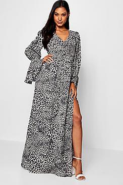 Boohoo Flared Sleeve Belted Leopard Maxi Dress