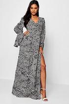 Boohoo Flared Sleeve Belted Leopard Maxi Dress