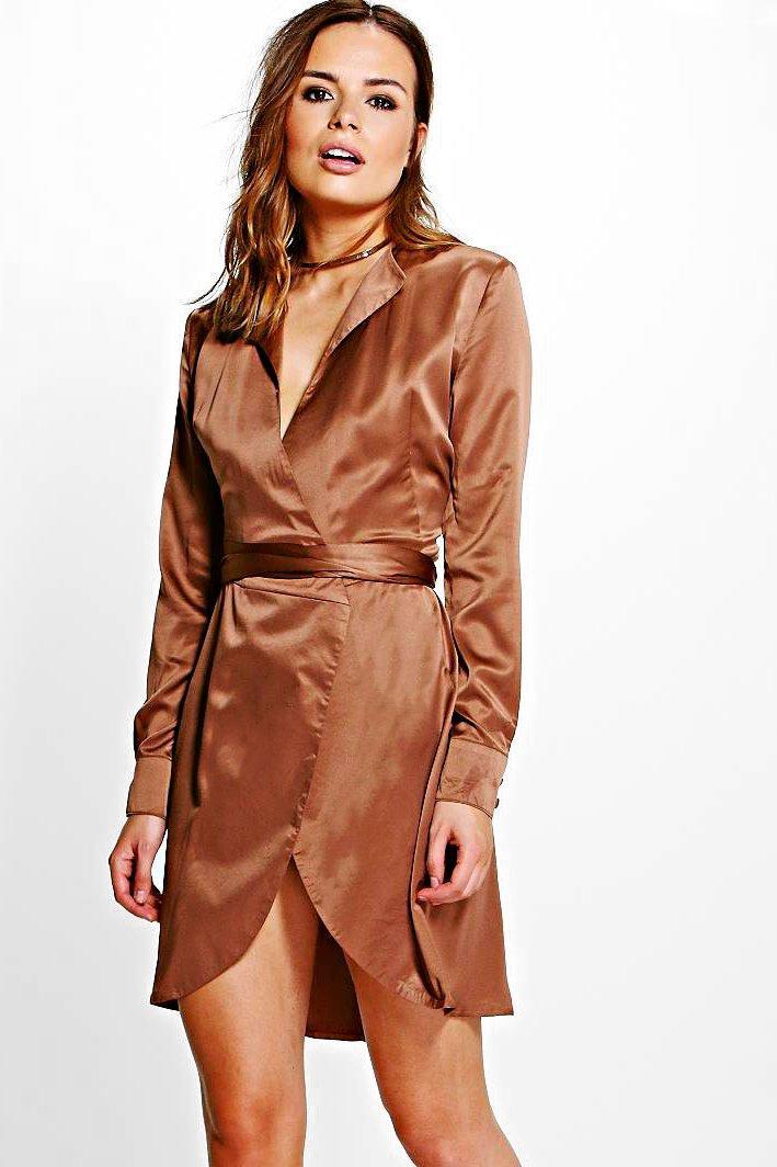 Boohoo Karlie Satin Wrap Shirt Dress Chocolate
