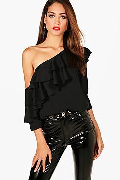 Boohoo Tall Hailey Woven Ruffle One Shoulder Blouse