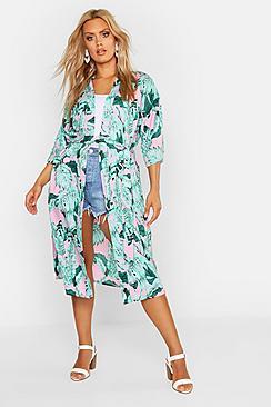 Boohoo Plus Oversized Palm Print Belted Kimono