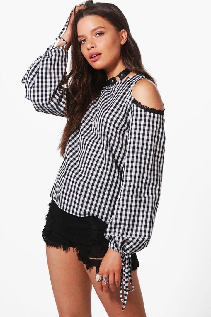 Boohoo Sophie Lace Trim Open Shoulder Gingham Blouse Multi