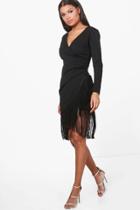 Boohoo Niamh Tassel Hem Wrap Front Dress Black